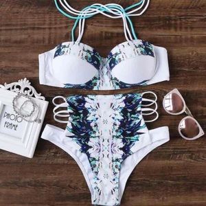 White Flower Print Cutout High Waist Bikini